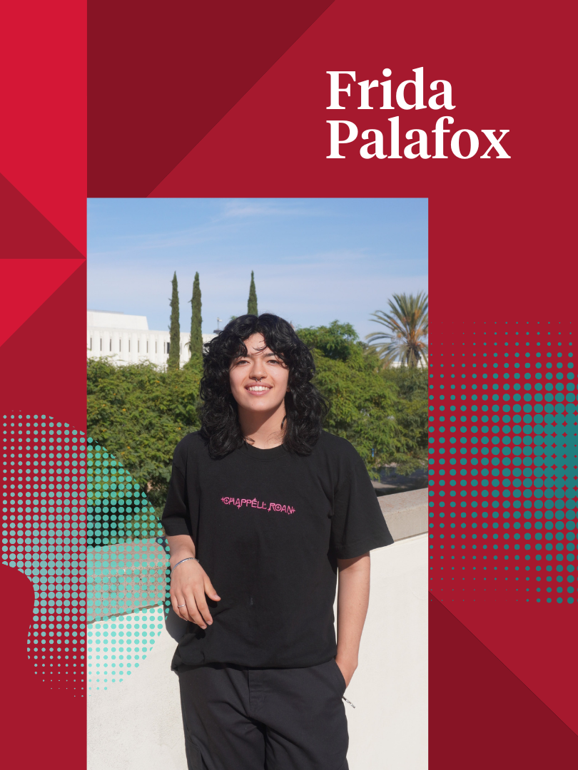 Frida Palafox on a red graphic of shapes