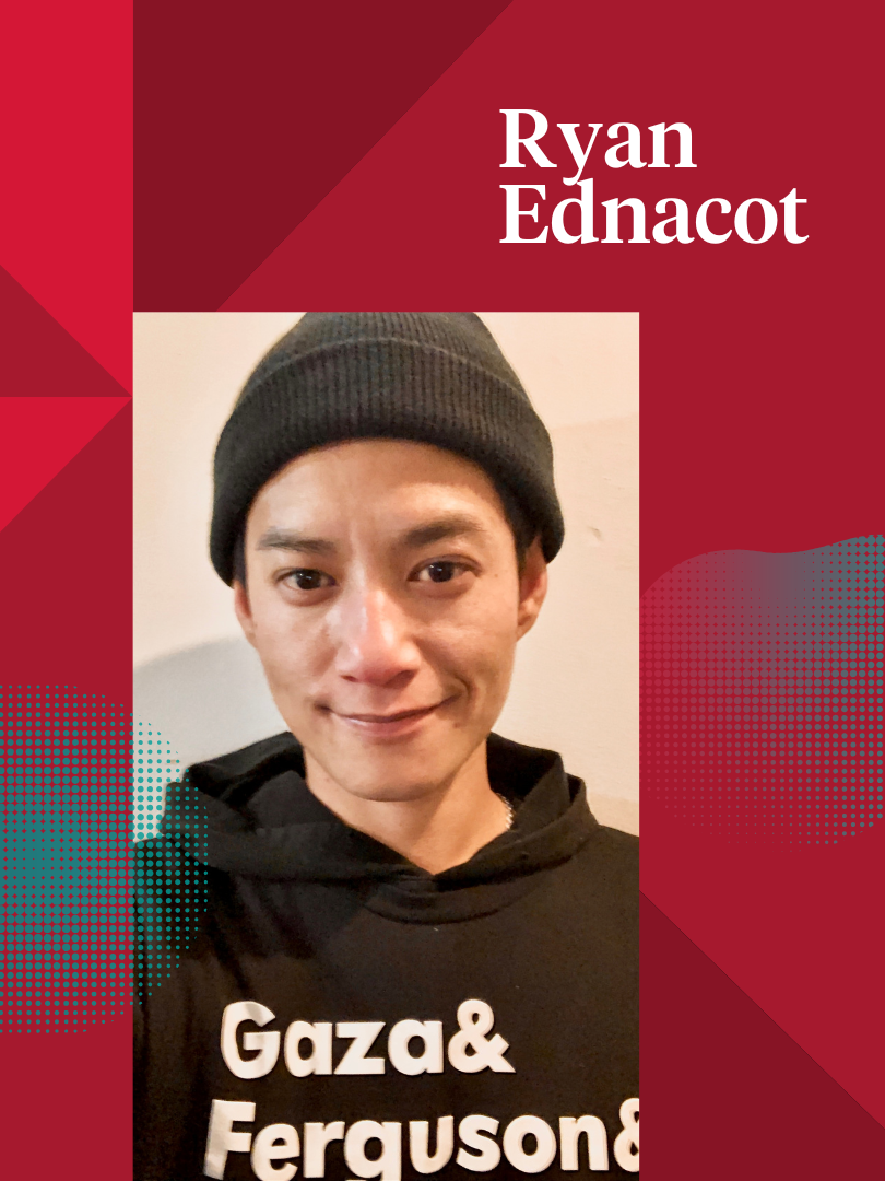 Ryan Ednacot on a red graphic of shapes